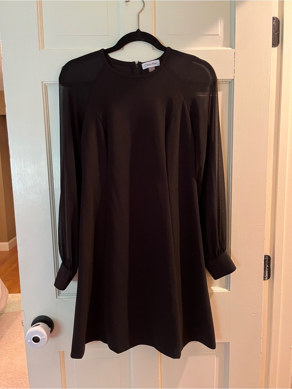 Calvin Klein Black Long-Sleeve Shift with Sheer Yoke
